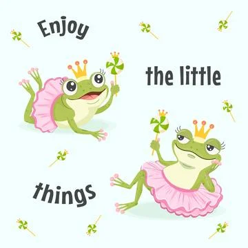 Cute frog princess vector invitation card template with Enjoy the little th.. Stock Illustration