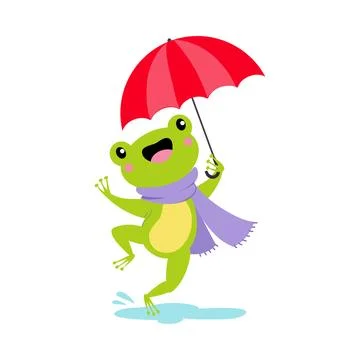 Cute Frog in Rainy Day Walking with Umbrella and Scarf Vector Illustration Stock Illustration