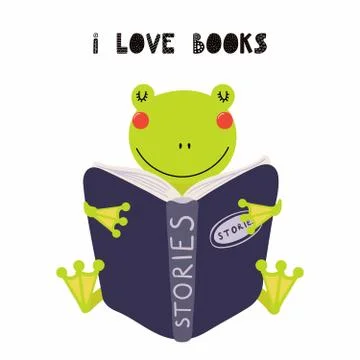 Cute frog reading a book Stock Illustration
