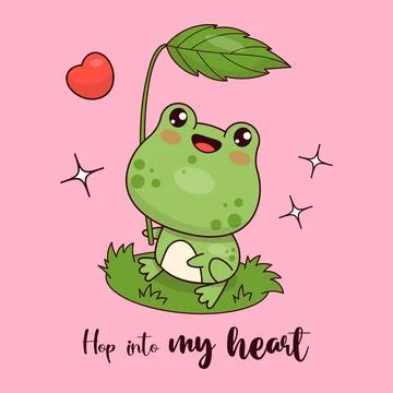 Cute frog sits under green leaf. Funny animal kawaii character. Vector illu.. イラスト素材