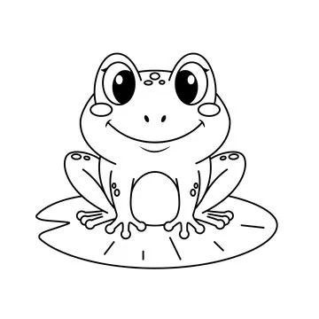 Cute frog sitting on leaf of water lily. Black and white vector illustratio.. Stock Illustration