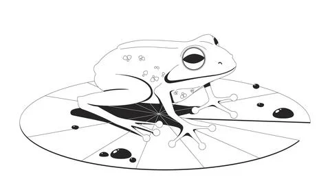 Cute frog sitting on lily pad 2D line character Stock Illustration