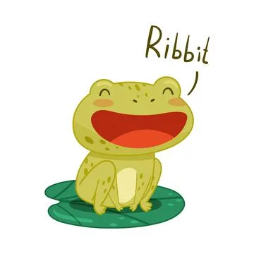 Cute frog sitting on lotus leaf in pond and croaking. Green funny amphibian toad 스톡 일러스트