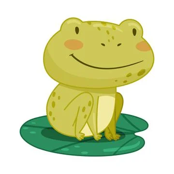 Cute frog sitting on lotus leaf in pond. Green funny amphibian toad character Stock Illustration