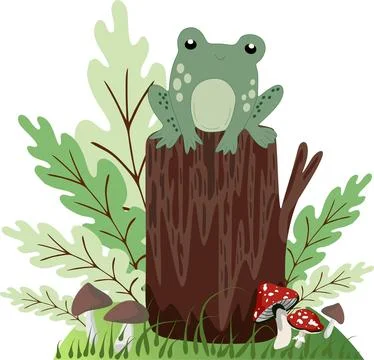Cute frog sitting on a tree stump in the forest vector illustration Stock Illustration