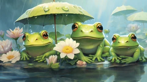 Cute Frogs on a Rainy Day Background Video Stockbeeldmateriaal 245410559