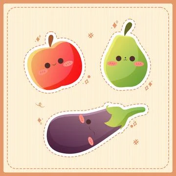 Cute fruit and vegetable aesthetic cartoon illustration set Stock Illustration