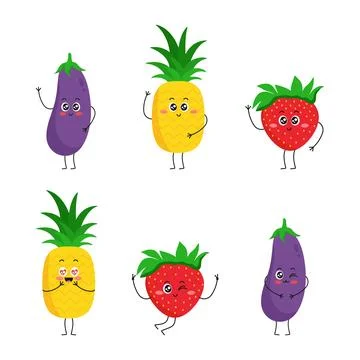 Cute fruit and vegetable characters set. Eggplant, pineapple and strawberry Stock Illustration
