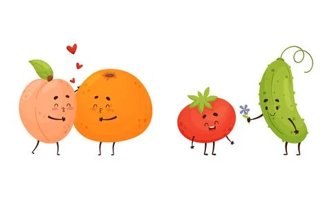 Cute Fruit and Vegetable Couples Kissing and Giving Flower Vector Set. Ilustração Stock