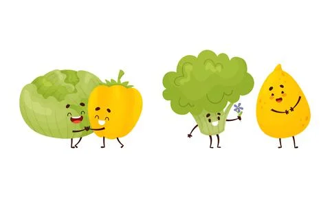 Cute Fruit and Vegetable Couples Dancing and Giving Flower Vector Set Ilustração Stock