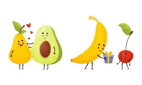 Cute Fruit and Vegetable Couples Embracing and Giving Gift Box Vector Set Stock Illustration