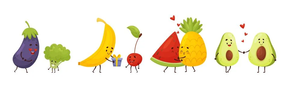 Cute Fruit and Vegetable Couples Feeling Love and Passion Vector Set Stock Illustration