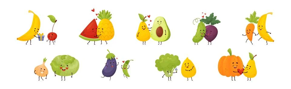 Cute Fruit and Vegetable Couples Feeling Love and Passion Vector Set Stock Illustration