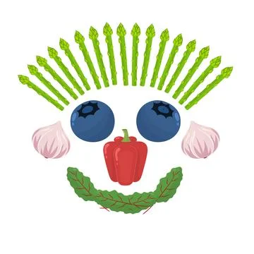 Cute fruit and vegetable face. Funny healthy mask with blueberries instead of Stock Illustration