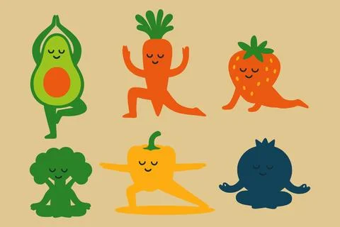 Cute fruit and vegetable yoga poses illustration Stock Illustration
