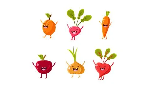Cute fruit and vegetables characters set, apricot, radish, carrot, apple, onion Stock Illustration