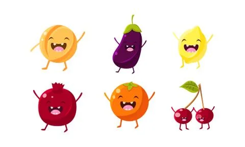 Cute fruit and vegetables characters set, apricot, eggplant, lemon, pomegranate Stock Illustration