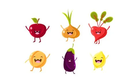 Cute fruit and vegetables characters set, apple, onion, beet, eggplant, lemon Stock Illustration