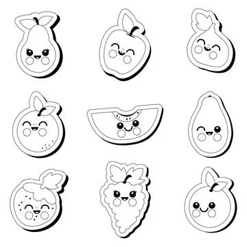Cute fruit characters. Fruit cartoon stickers. Stock Illustration