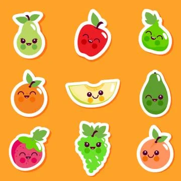 Cute fruit characters. Sticker set Stock Illustration