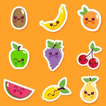 Cute fruit characters. Sticker set Stock Illustration