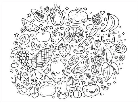 Cute fruit doodle illustration with various fruits like bananas, apples Stock Illustration