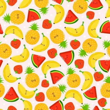 Cute fruit pattern featuring smiling pineapple, banana, watermelon, and str.. Stock Illustration