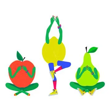 Cute fruits do yoga pose exercises. Healthy eating and fitness Stock Illustration
