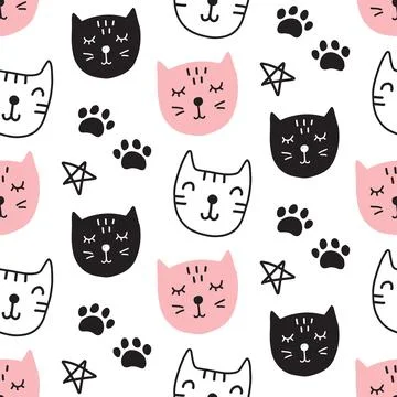 Cute Fun Cats Seamless pattern with hand drawn doodle shapes elements Illustrazione stock