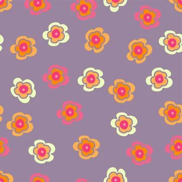 Cute, fun floral repeat pattern in orange and pink on a lilac background Illustrazione stock