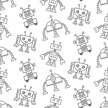 Cute Fun Robots Seamless Pattern Doodle Background Stock Illustration
