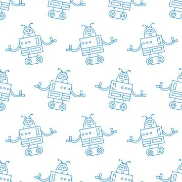 Cute Fun Robots Seamless Pattern Doodle Background Stock Illustration