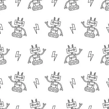 Cute Fun Robots Seamless Pattern Doodle Background Illustrazione stock
