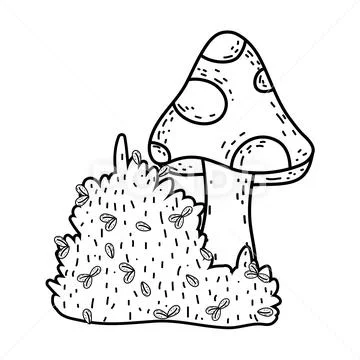 Cute fungus with bush fairytale icon Stock Illustration