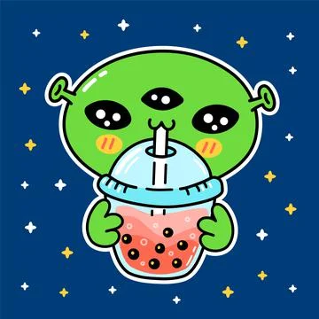 Cute funny alien drink bubble tea from cup. Vector hand drawn cartoon kawaii Stock Illustration
