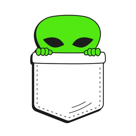 Cute funny alien hide in pocket t-shirt print.Vector cartoon doodle line style Stock Illustration