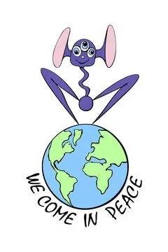 Cute funny alien invading the earth. We came in peace - inscription. A design Stock Illustration