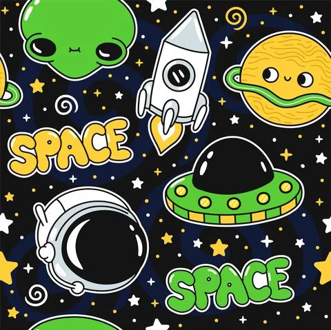 Cute funny alien,astronaut,cosmos,space seamless pattern. Vector doodle line Stock Illustration