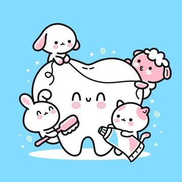 Cute funny animals clean tooth with toothbrush, toothpaste and dental floss Stock Illustration