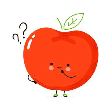 Cute funny Apple fruit with question marks. Vector hand drawn cartoon kawaii Stock Illustration
