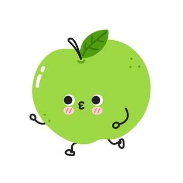 Cute funny apple jogging. Vector flat line cartoon kawaii character illustration Illustrazione stock