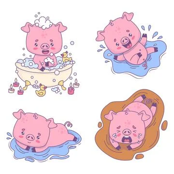 Cute funny bathing pig collection. Smiling piggy in bath, smiling happy one.. Stock Illustration