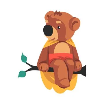 Cute funny bear character in cape sitting on tree branch cartoon vector Illustrazione stock