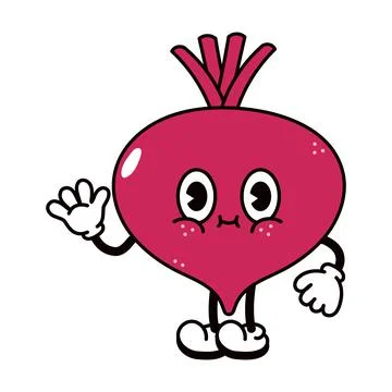 Cute funny beet waving hand character. Vector hand drawn traditional cartoon  Illustrazione stock
