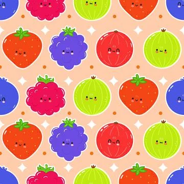 Cute funny berries concept pattern. Vector hand drawn cartoon kawaii characte Stock Illustration