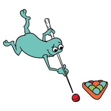 Cute funny blue alien playing pool, isolated vector image, on a white backgro Illustrazione stock