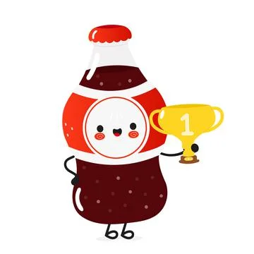Cute funny bottle cold drink cola hold gold trophy cup. Vector hand drawn car Stock Illustration