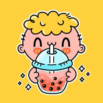 Cute funny boy drink bubble tea from cup. Vector hand drawn cartoon kawaii Stock Illustration