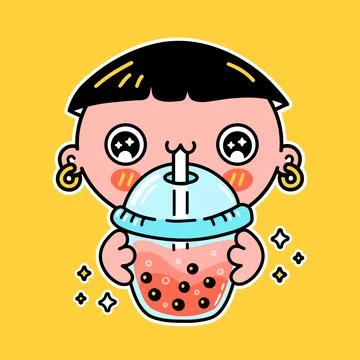 Cute funny boy drink bubble tea from cup. Vector hand drawn cartoon kawaii Stock Illustration