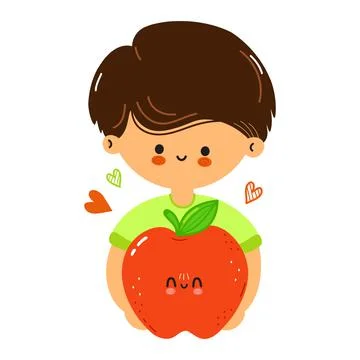 Cute funny boy hold red apple in hand. Little boy hugs cute red apple. Isolat Illustrazione stock